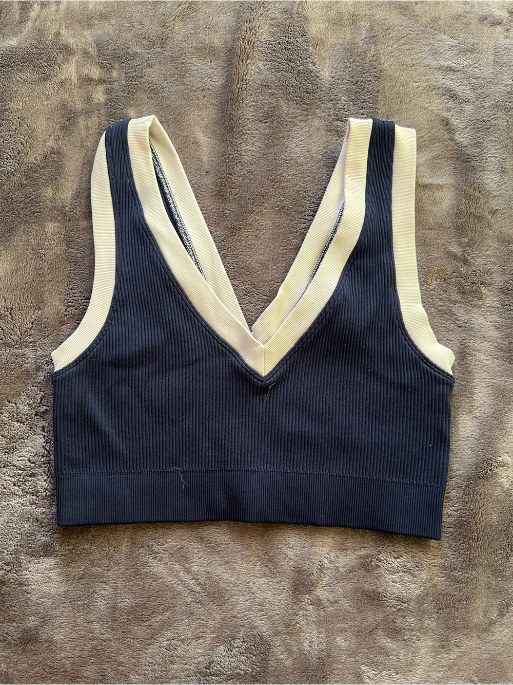 Cream-Trim Navy Blue Ribbed V-Neck Bralette